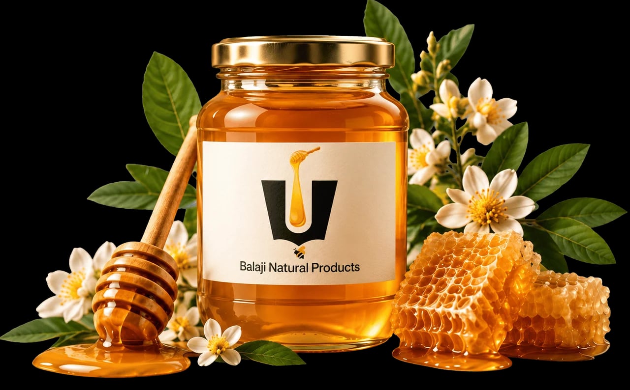 Jar of Balaji Natural honey with a wooden dipper, honeycomb, and white blossoms